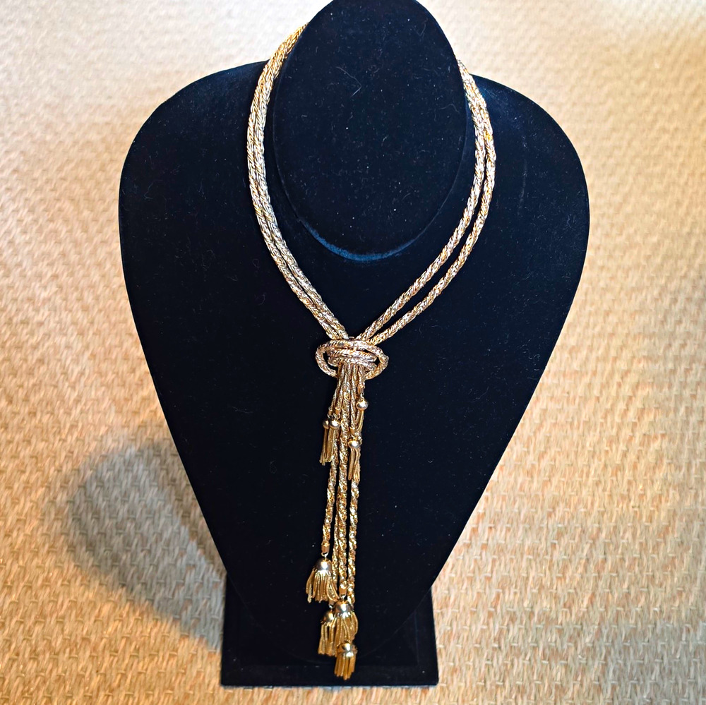 Gold Tone Rope Chain Lariat Necklace Tassel Pendant Adjustable Statement 16"
